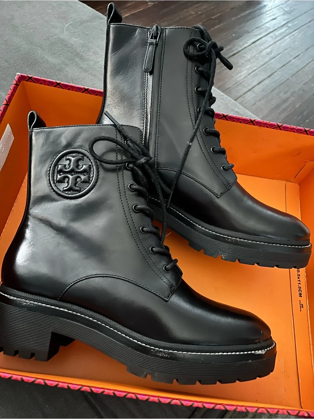Tory Burch Black Leather Lug-Sole Combat Boots